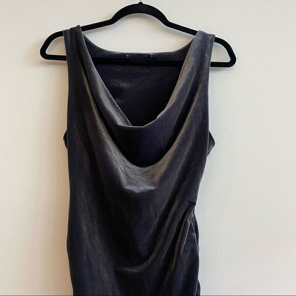 Faded Black Velvet Drape Neck BodyCon Cinched Side Midi Dress Size Medium - Picture 9 of 9